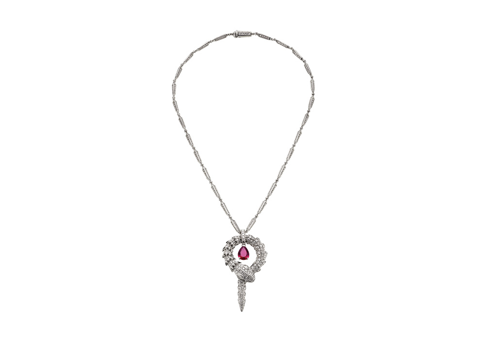Bulgari has created a series of Serpenti diamond pendants on a white gold necklace with a central gem
